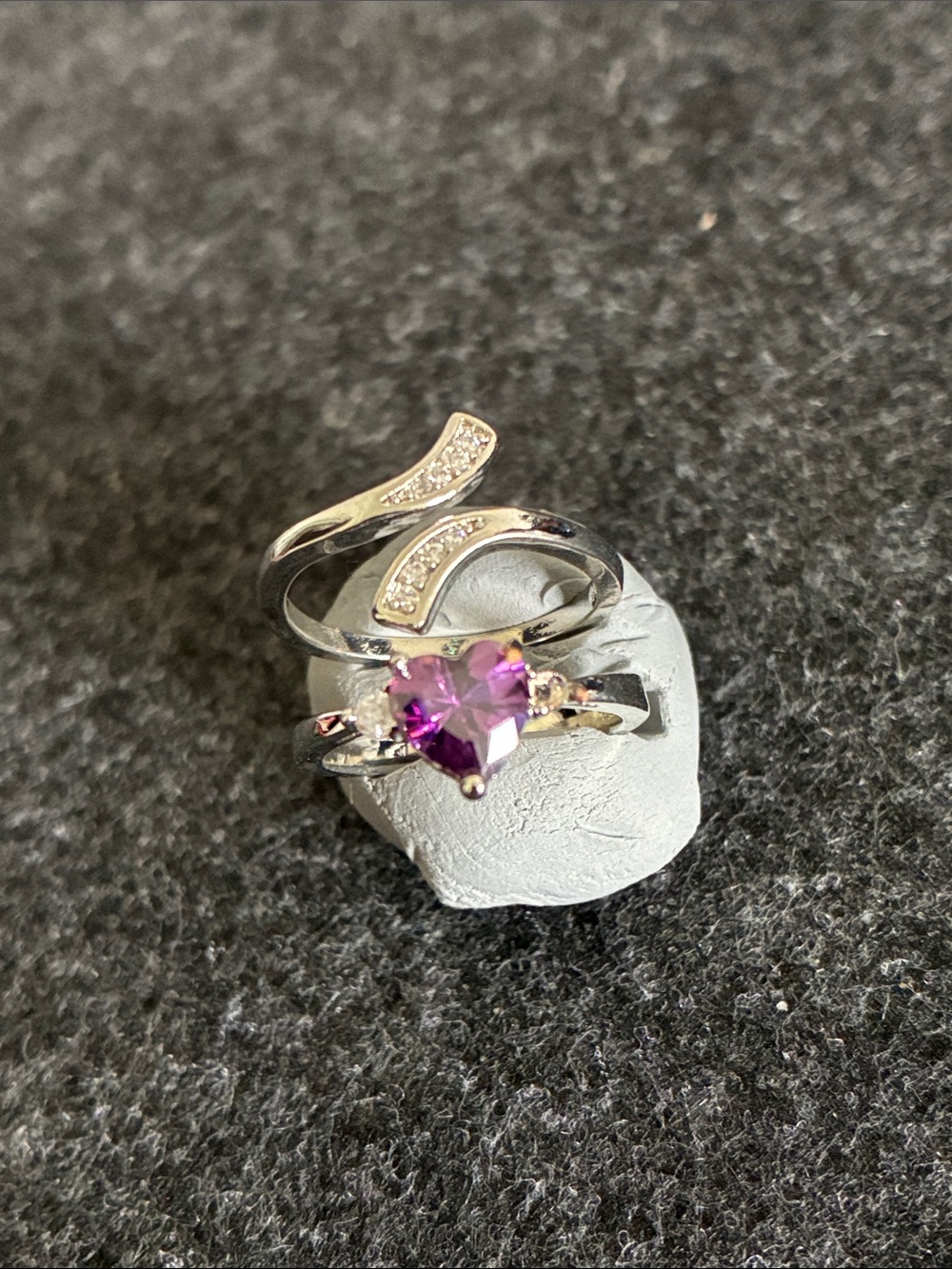 2 Rings, Size 6, Silver tone Rings w/ Purple Heart Stone & Pavé Accents, 005R